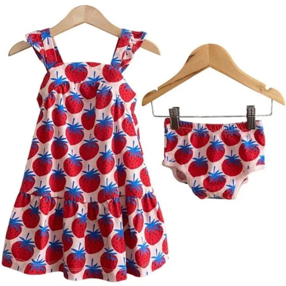 Hanna Andersson Red Pink Blue Strawberry Print Dress & Diaper Cover